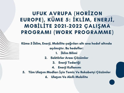 Ufuk Avrupa (Horizon Europe), Küme 5: İklim, Enerji, Mobilite 2021-2022 Çalışma Programı (Work Programme)